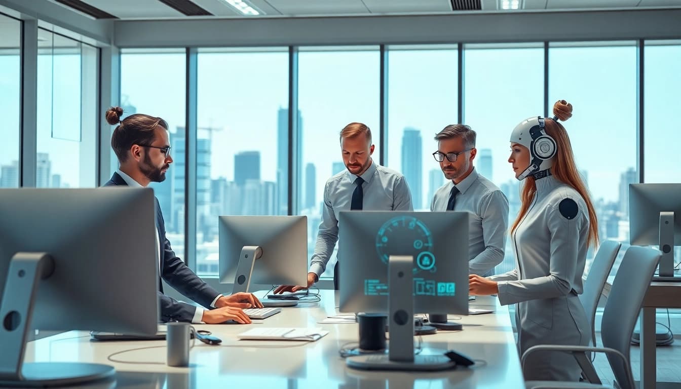 AI agents facilitating collaboration in a modern office environment with advanced technology.