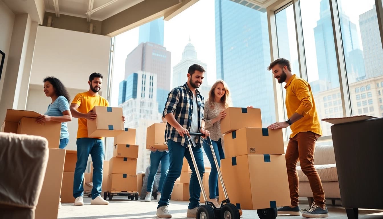 Utilizing moving services manhattan, professional movers assist a family in relocating within a busy apartment.