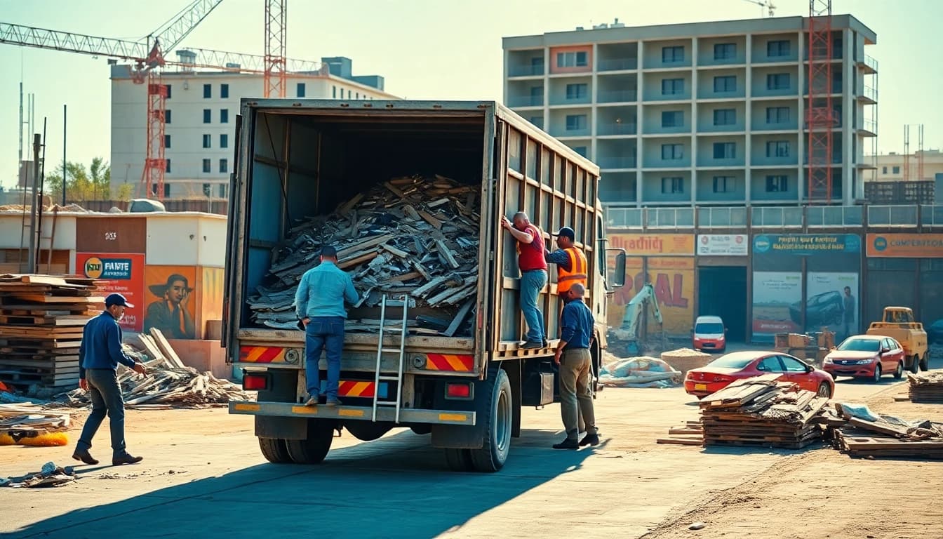 Workers efficiently loading debris into a truck during a hauling operation at a construction site.