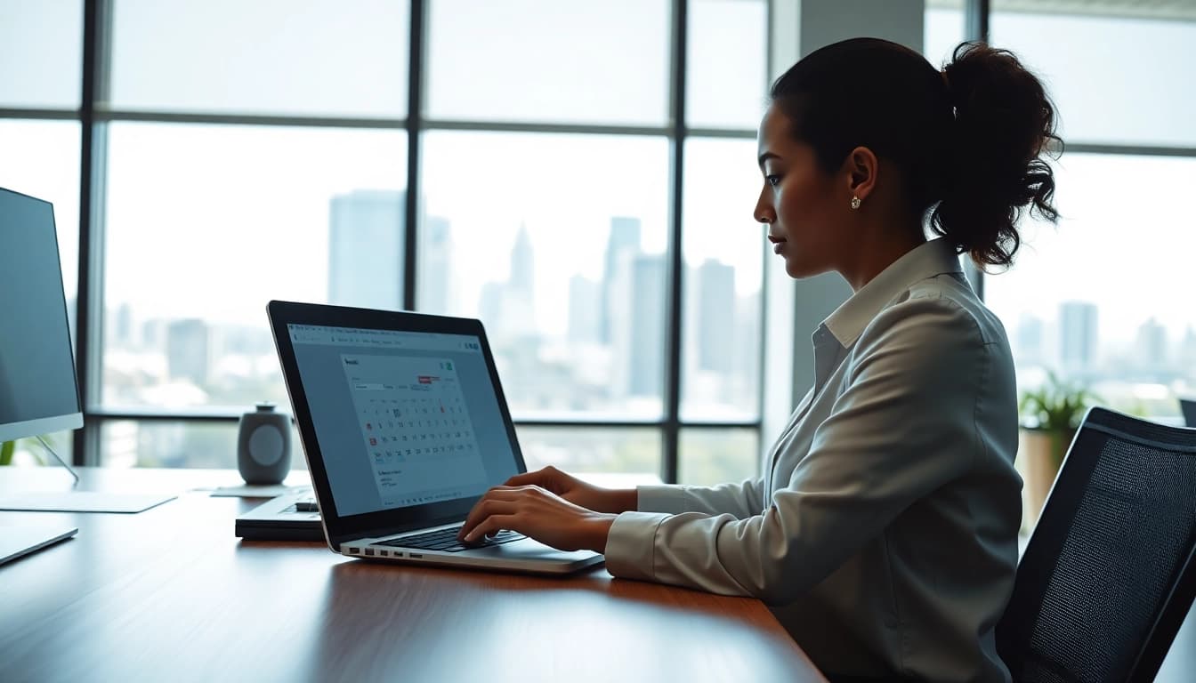 AI executive assistant alternative AI managing tasks in a modern office atmosphere.