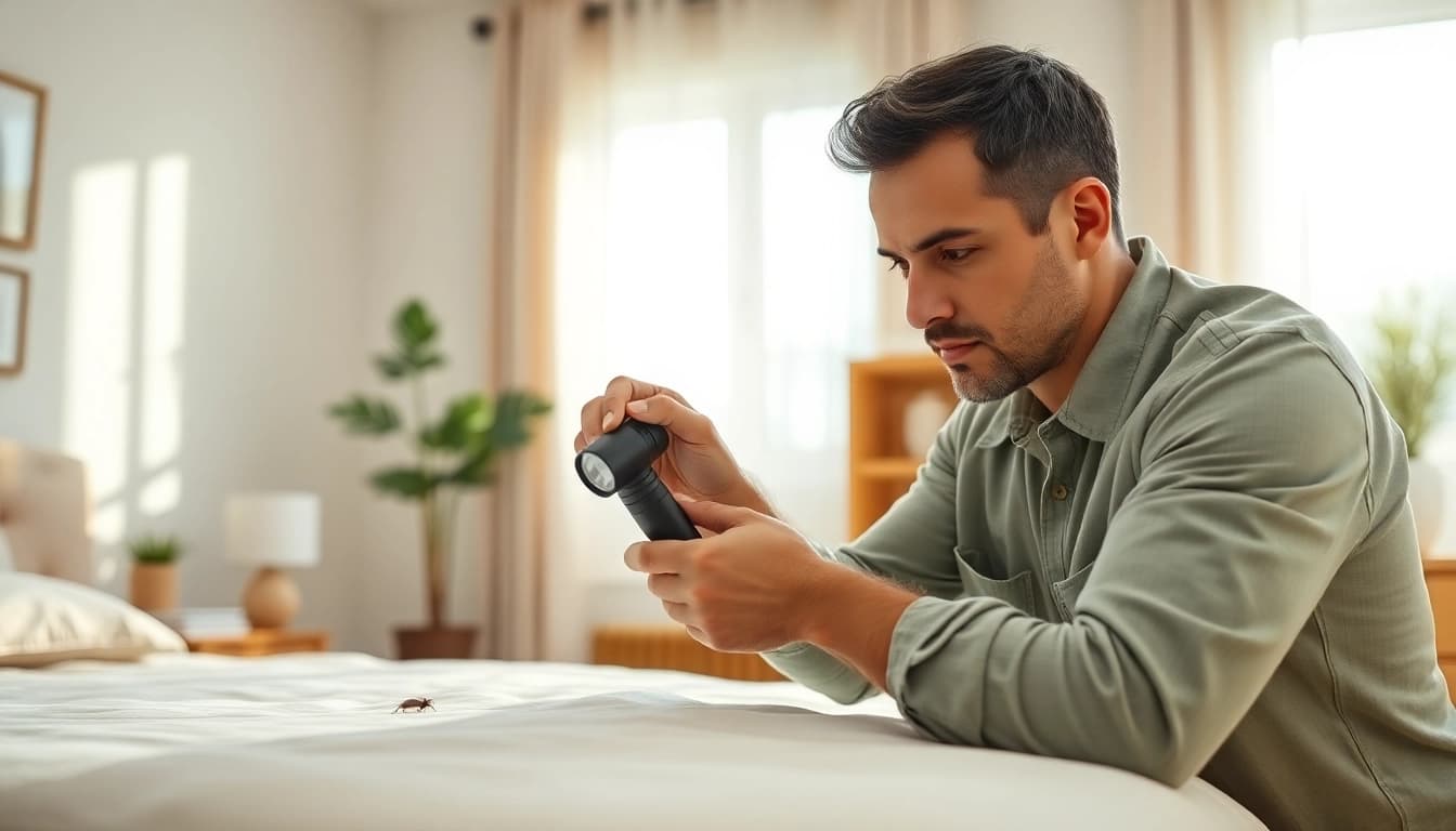 Expert bed bug removal service with a technician inspecting a clean bedroom.