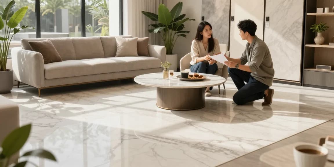 NAGA2000 showcases premium marble flooring in an elegant living showroom.