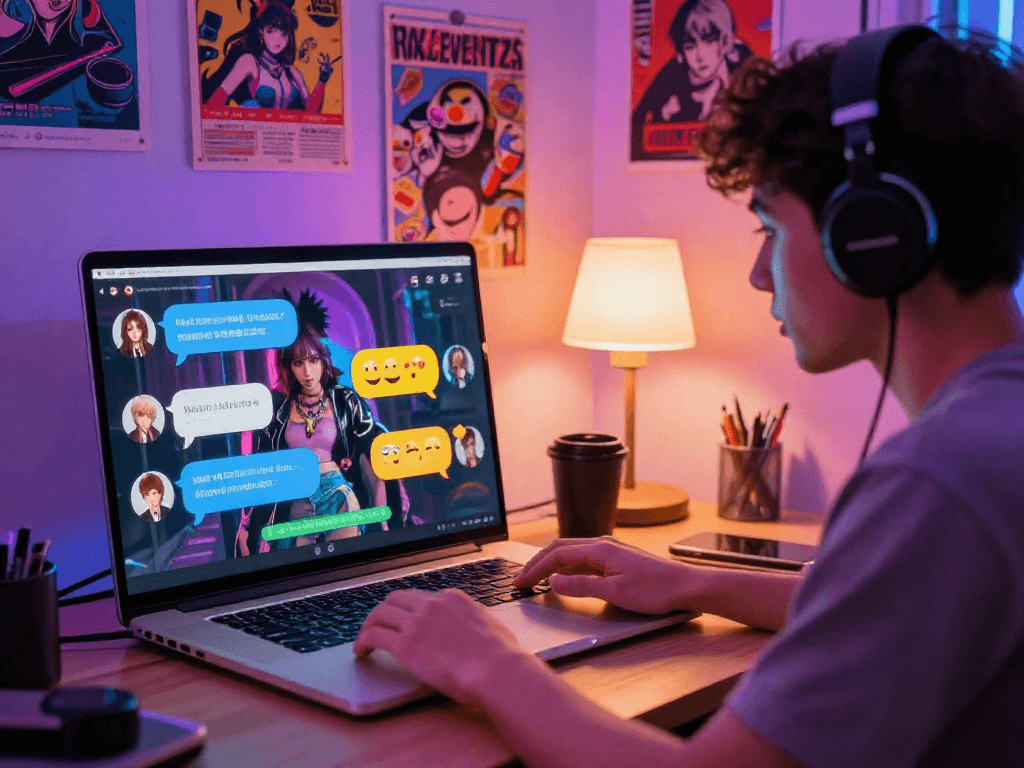 User engaging in a lively hentai ai chat session with an animated chatbot interface in a vibrant virtual space.