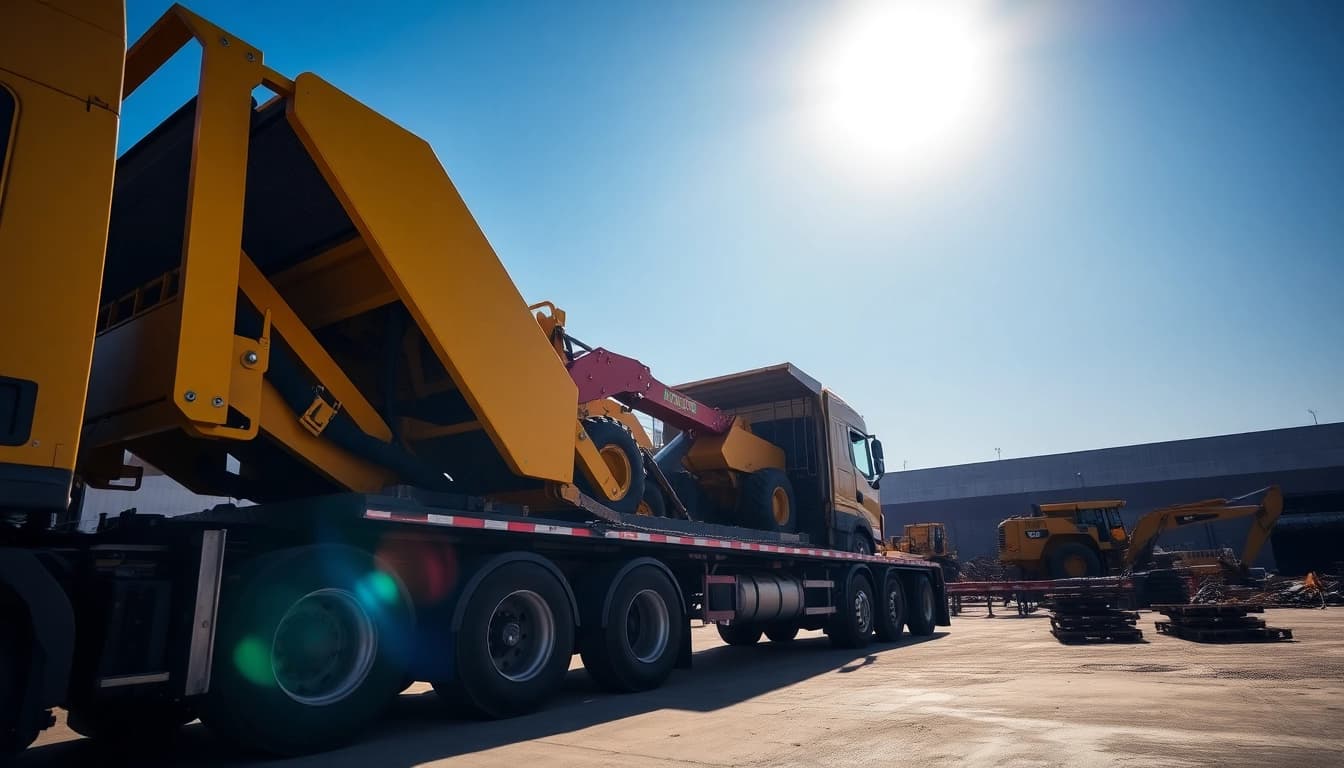 Delivering equipment transport services with a truck loading heavy machinery.