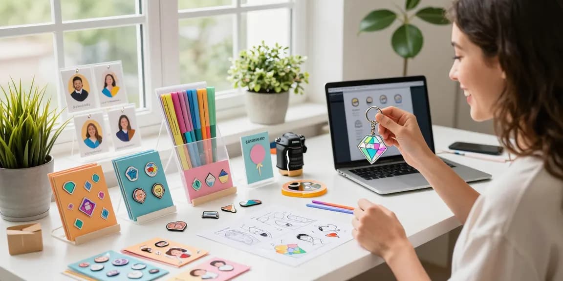 Engaging customer exploring a Custom Acrylic Diamond Keychain in a vibrant e-commerce workspace filled with colourful custom merchandise.