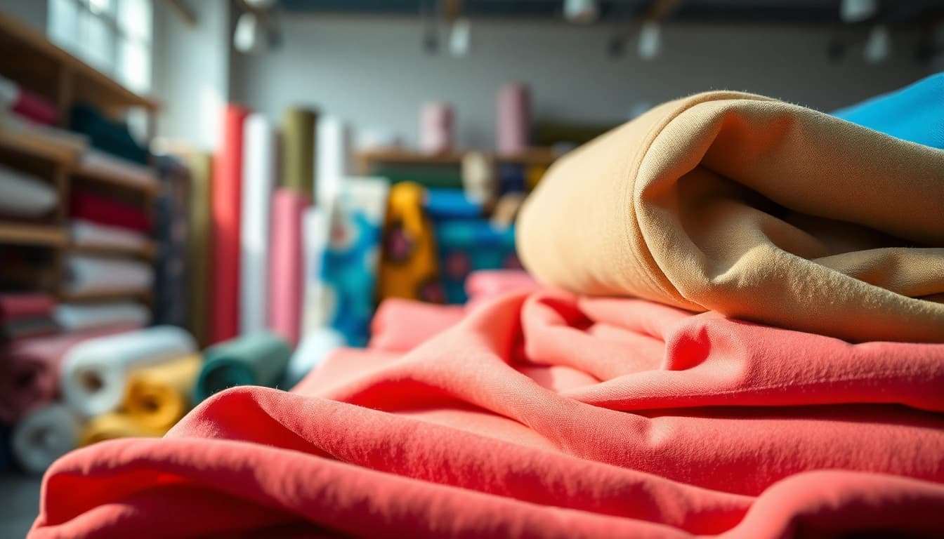 Jogging stoffen in verschillende kleuren en texturen gepresenteerd in een stoffenwinkel.