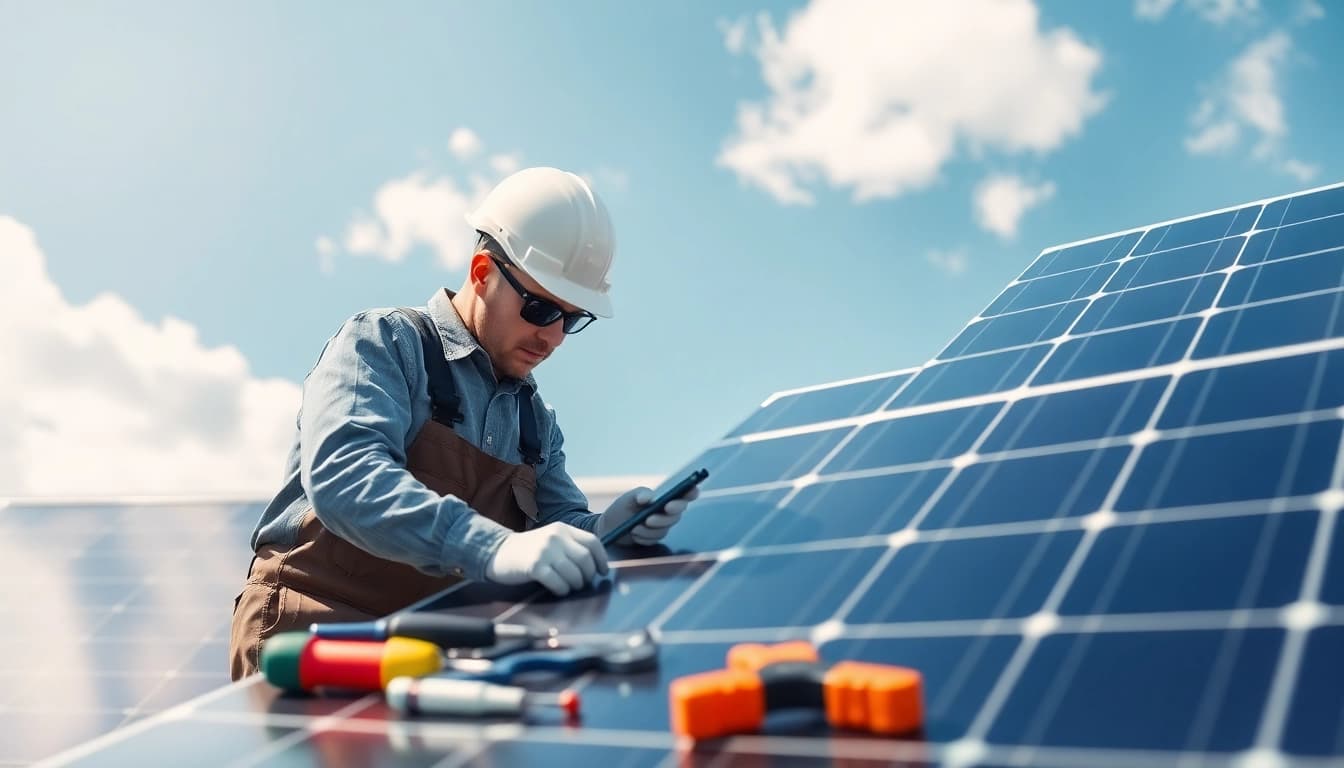 Technician performing solar panel repair to ensure optimal performance and safety.