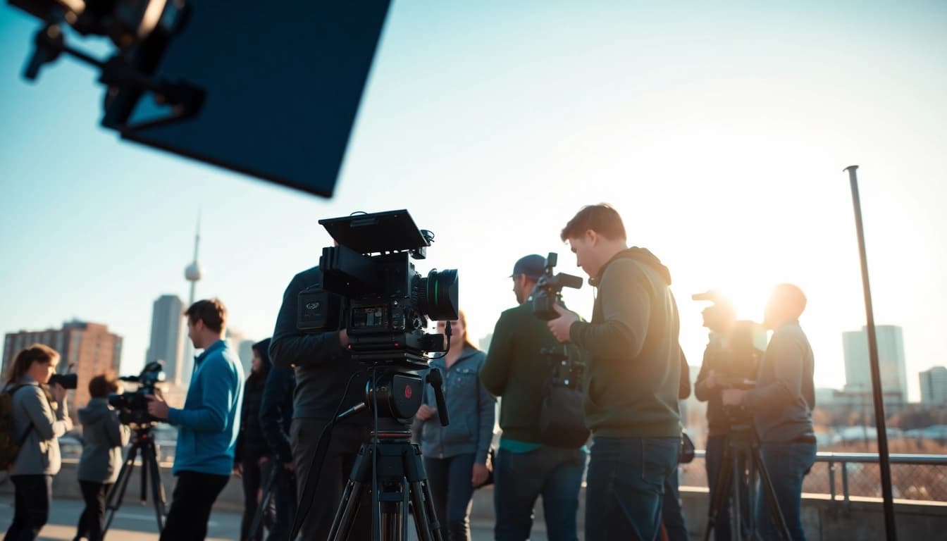 Film crew illustrating teamwork in Edmonton production companies setting with vibrant skyline.
