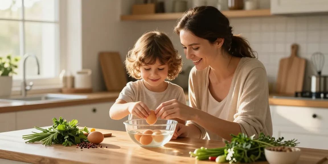 Uji kesegaran telur menggunakan metode Egg Float Test di https://www.eggfloattest.com/contact bersama keluarga di dapur yang hangat.