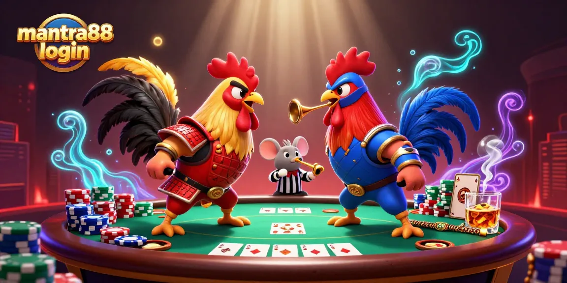 Engage with mantra88 login as cartoon roosters duel amid colorful poker elements in a vibrant gambling scene.