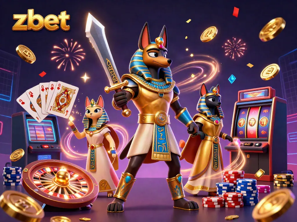 Experience zbet with our thrilling 3D casino scene featuring Anubis and Bastet amidst soaring coins and spinning roulette.