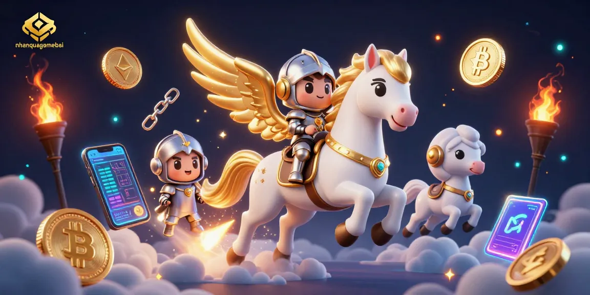 Experience strategic gameplay with nhanquagamebai as a knight rides a celestial horse among glowing crypto elements.