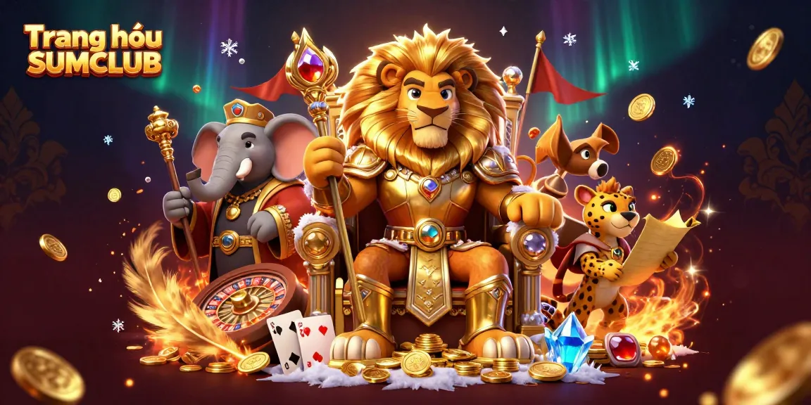 Engage in the thrilling world of Trang chủ SUMCLUB with a fierce lion king, elephant advisor, and cheetah messenger in a lively casino setting.