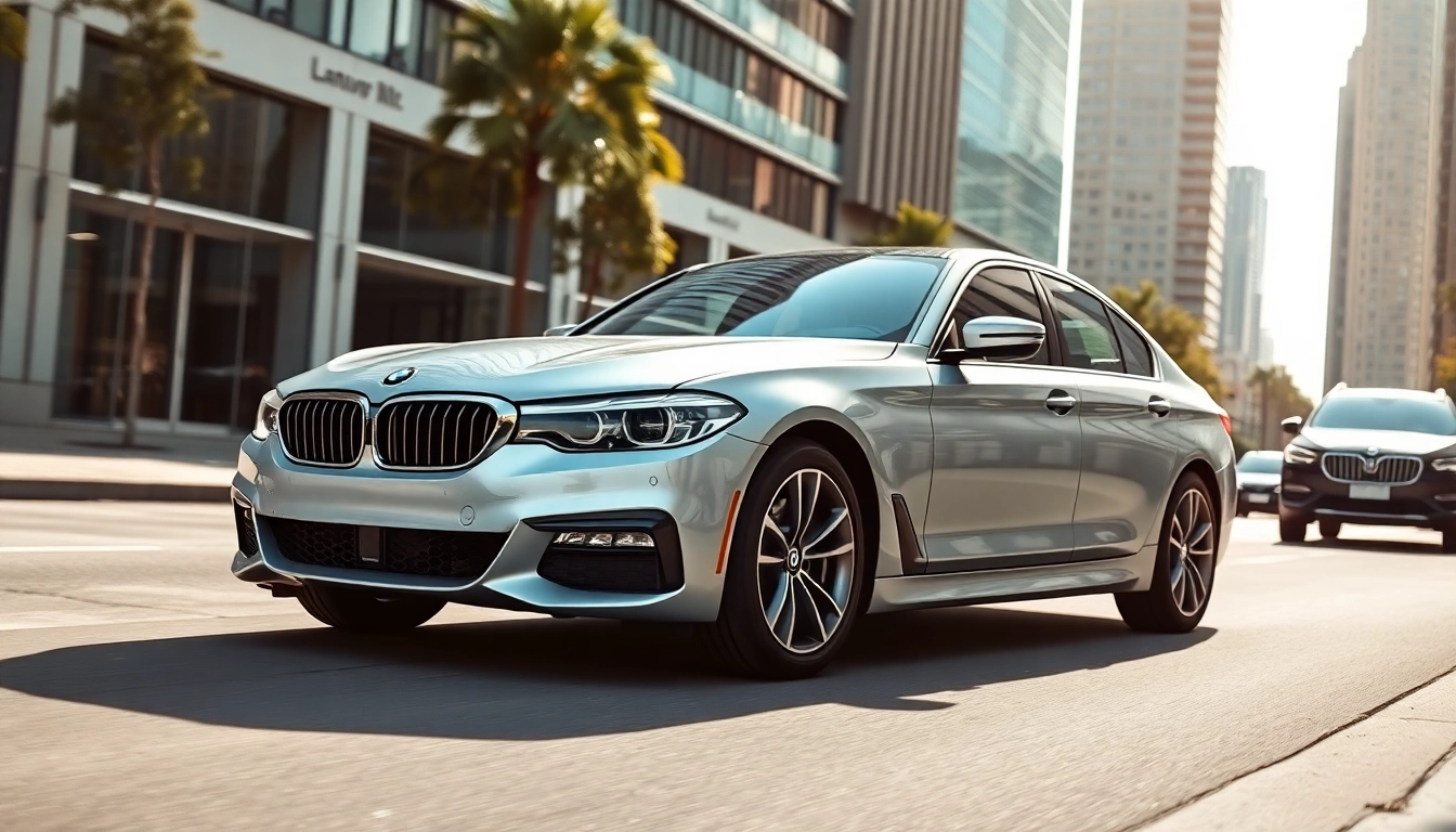 Admiring a Luxury BMW car showcasing its elegant design against an upscale city backdrop.
