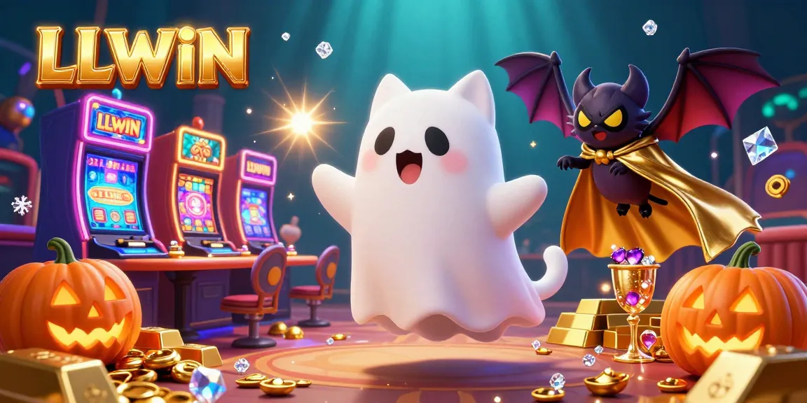 Experience the thrill of LLWIN with a friendly ghost cat in a lively casino scene filled with shimmering treasures.