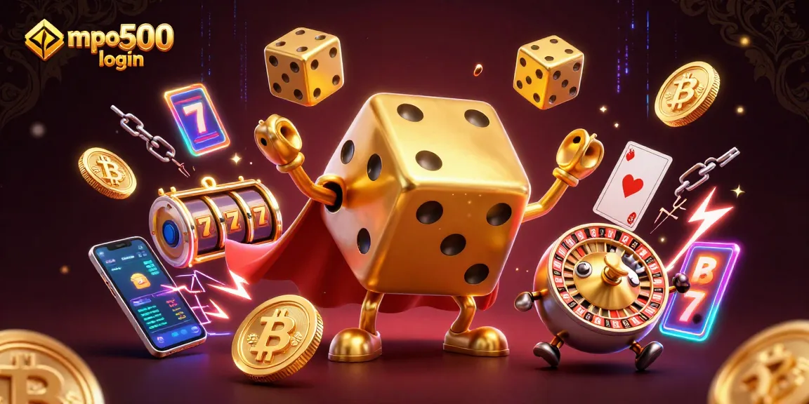 Experience winning with mpo500 login, featuring a vibrant 3D casino scene with golden dice, crypto elements, and slot reels.