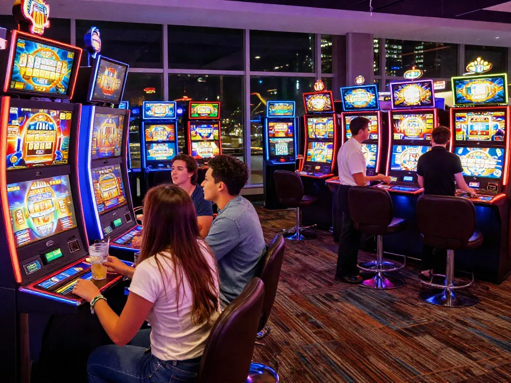 Exciting slot gaming scene with friends enjoying vibrant machines and casino atmosphere.