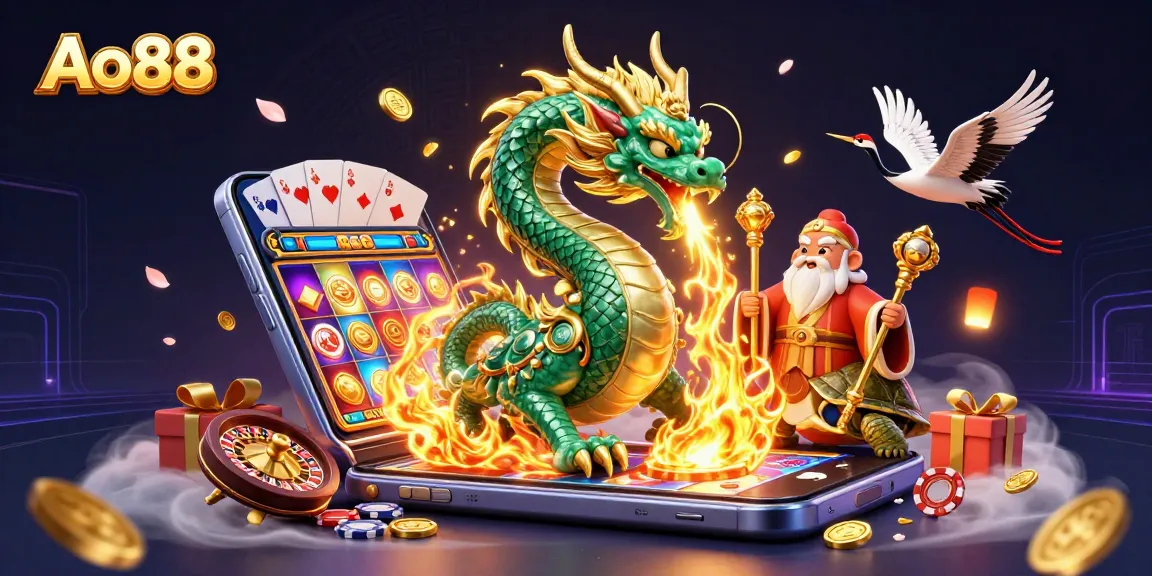 Experience thrilling action at Ao88 with a jade dragon and lucky cranes amidst 3D casino elements.