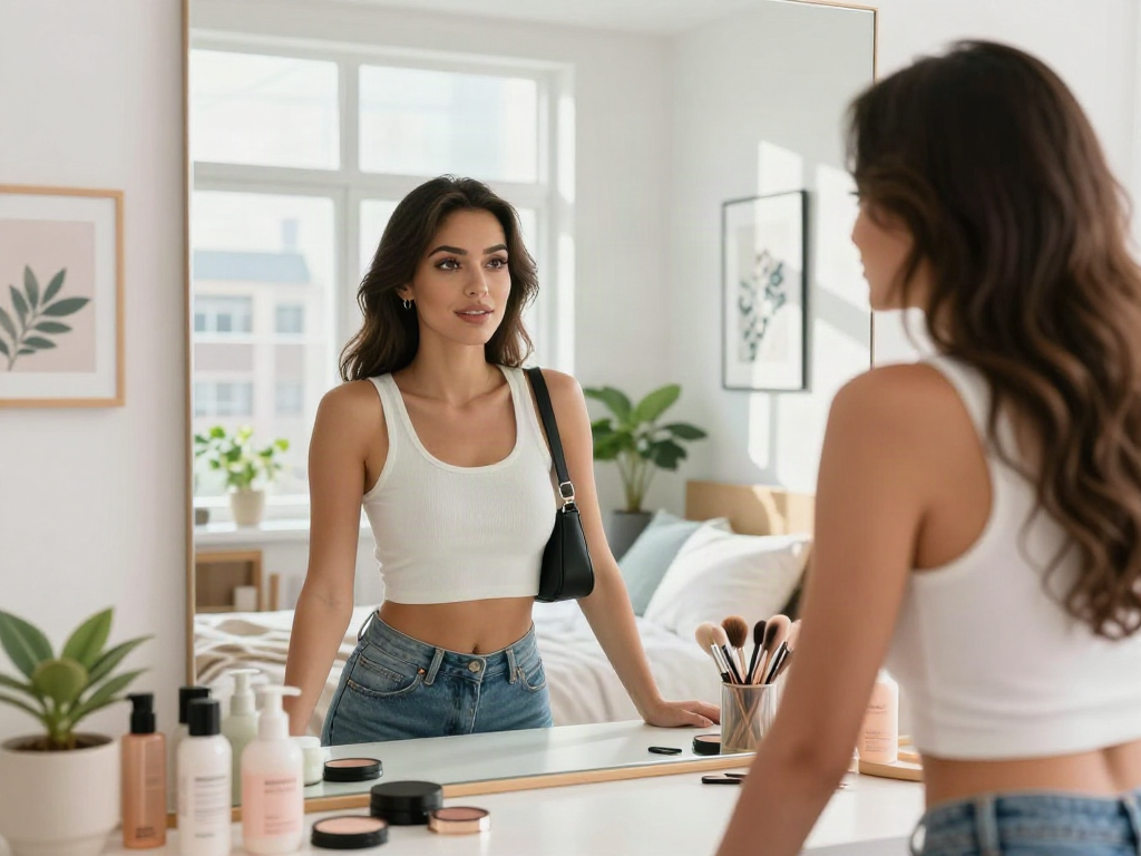 Young woman assessing how old do I look in a stylish bedroom.