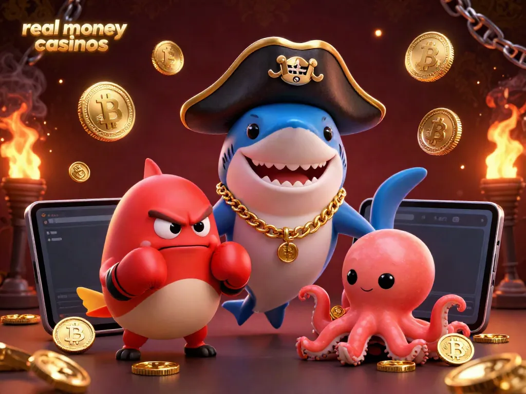 Engage with real money casinos in this vibrant 3D cartoon scene featuring a pirate shark, boxing pufferfish, and coin-holding octopus.