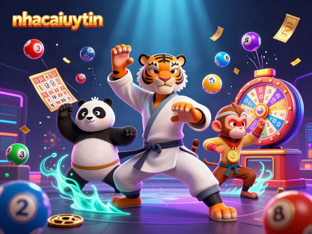 Experience thrilling wins with nhacaiuytin as the kung fu master and panda disciple enjoy a vibrant lottery scene.