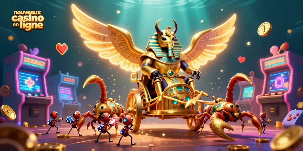 Visualisez le monde des nouveaux casinos en ligne avec un scarabée doré et des scorpions, inspiré des jeux d'arcade.