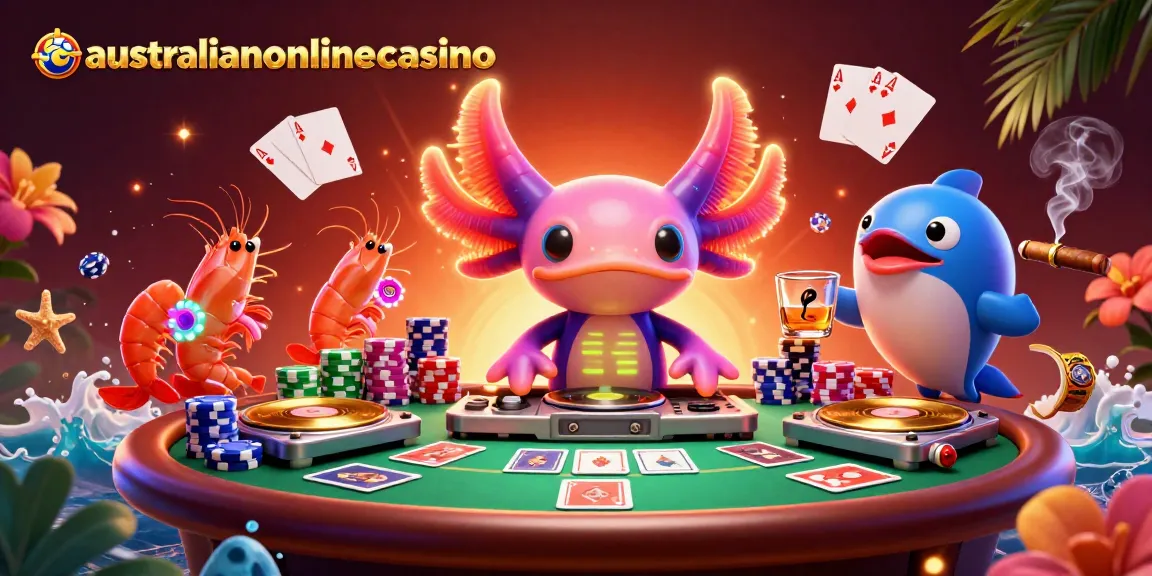 Join the fun at australianonlinecasino with a vibrant underwater casino party scene featuring a DJ axolotl and poker elements.