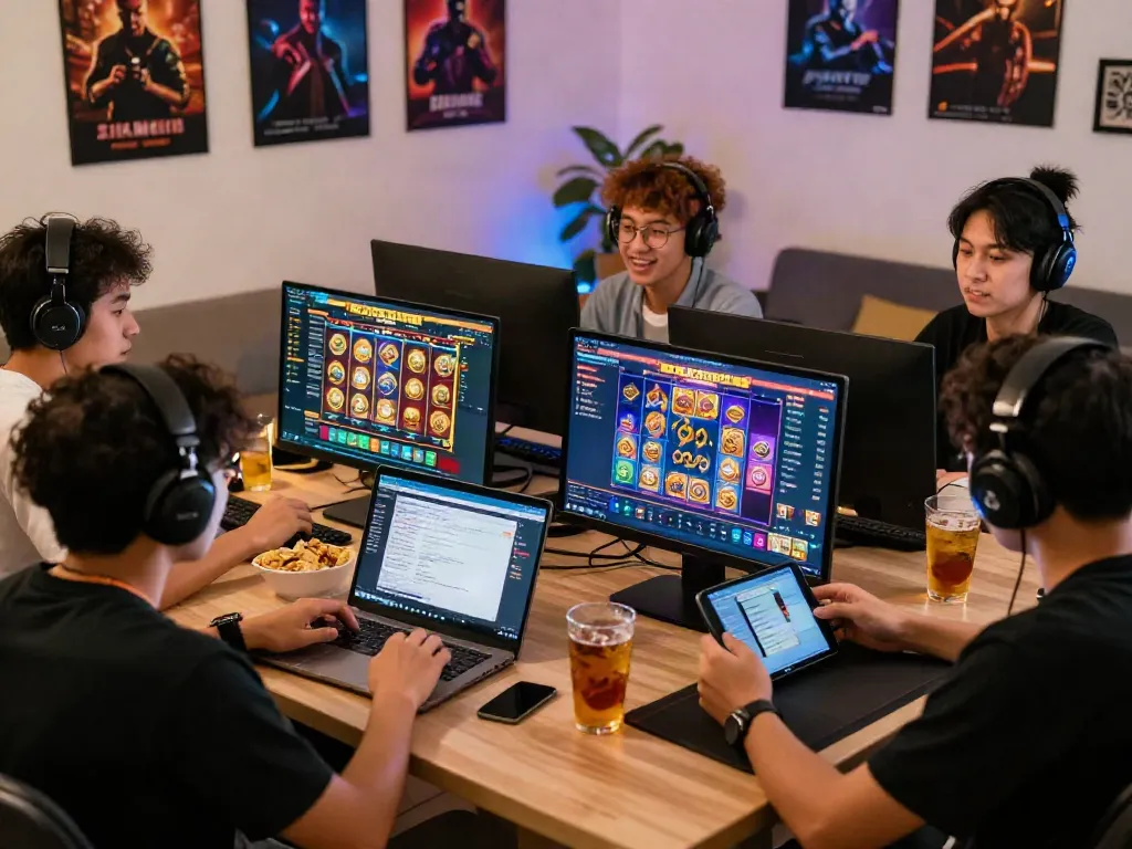 Players enjoying slot online gacor games in a vibrant home gaming setup with engaging visuals and social interaction.