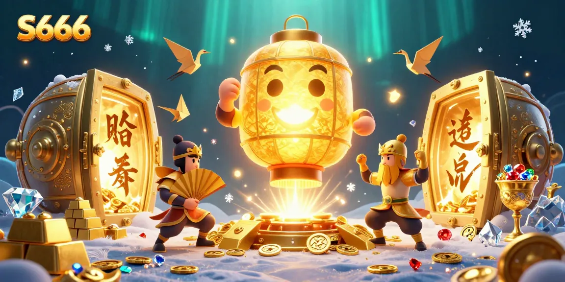 Experience thrilling gameplay at S666 with vibrant visuals of a golden lantern spirit and casino treasures.