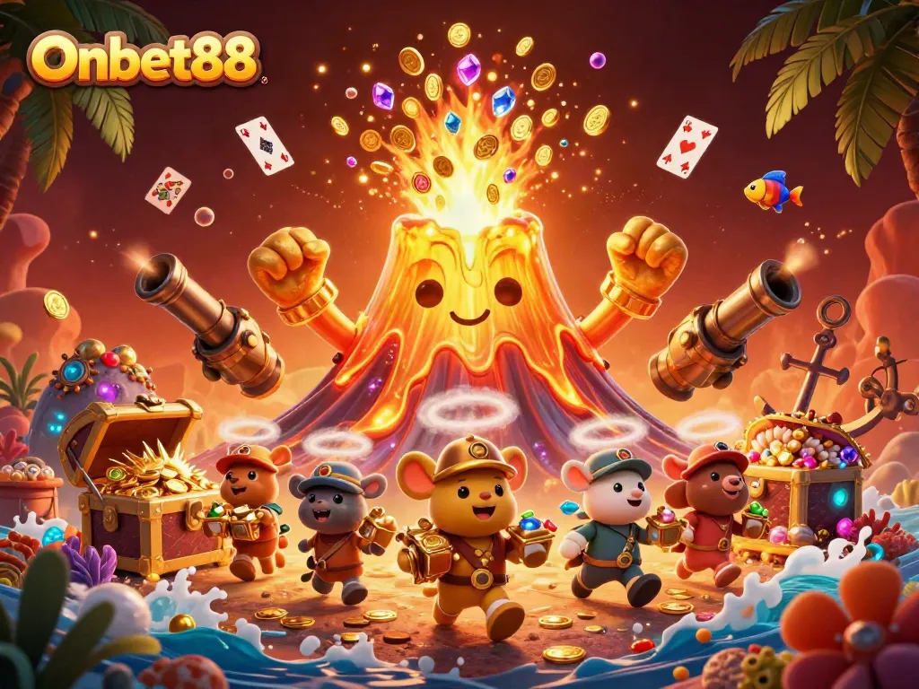 Experience thrilling wins with Onbet88 as treasure hunters dash from the erupting golden volcano in this vibrant casino adventure.