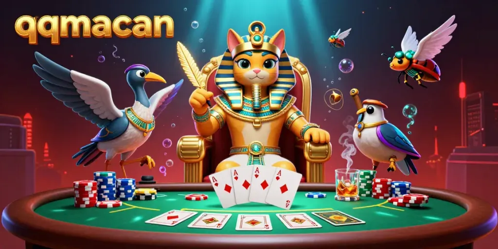 Experience the thrill at qqmacan with this vibrant casino scene featuring an Egyptian-themed illustration.