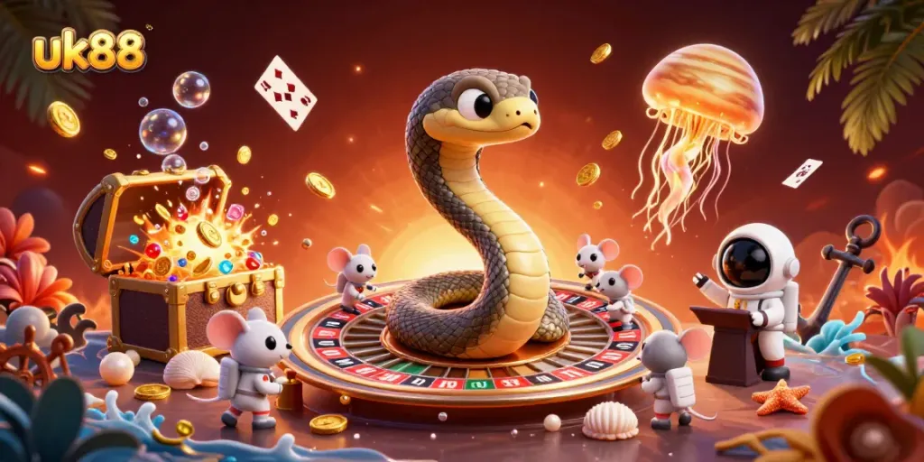 Experience thrilling gameplay at uk88 with a cosmic roulette wheel amidst vibrant underwater treasures.