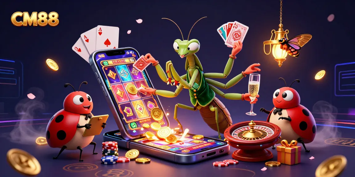 Experience the enchantment of CM88 with the vibrant casino scene featuring a praying mantis card sharp.