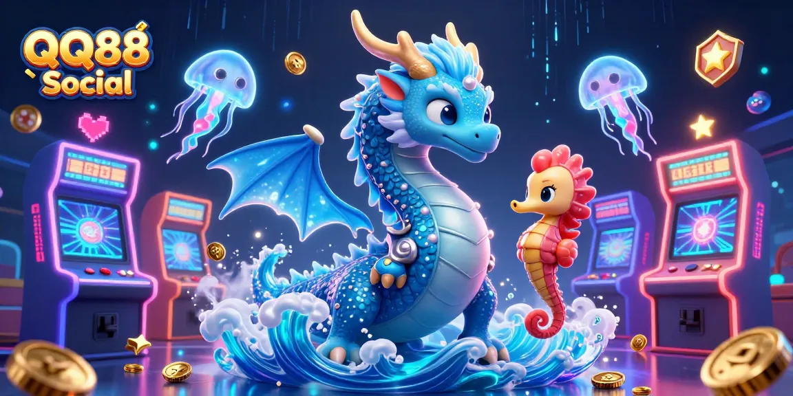 Bet on exciting outcomes with QQ88 Social, featuring a vibrant dragon and coral knight amidst glowing gambling elements.
