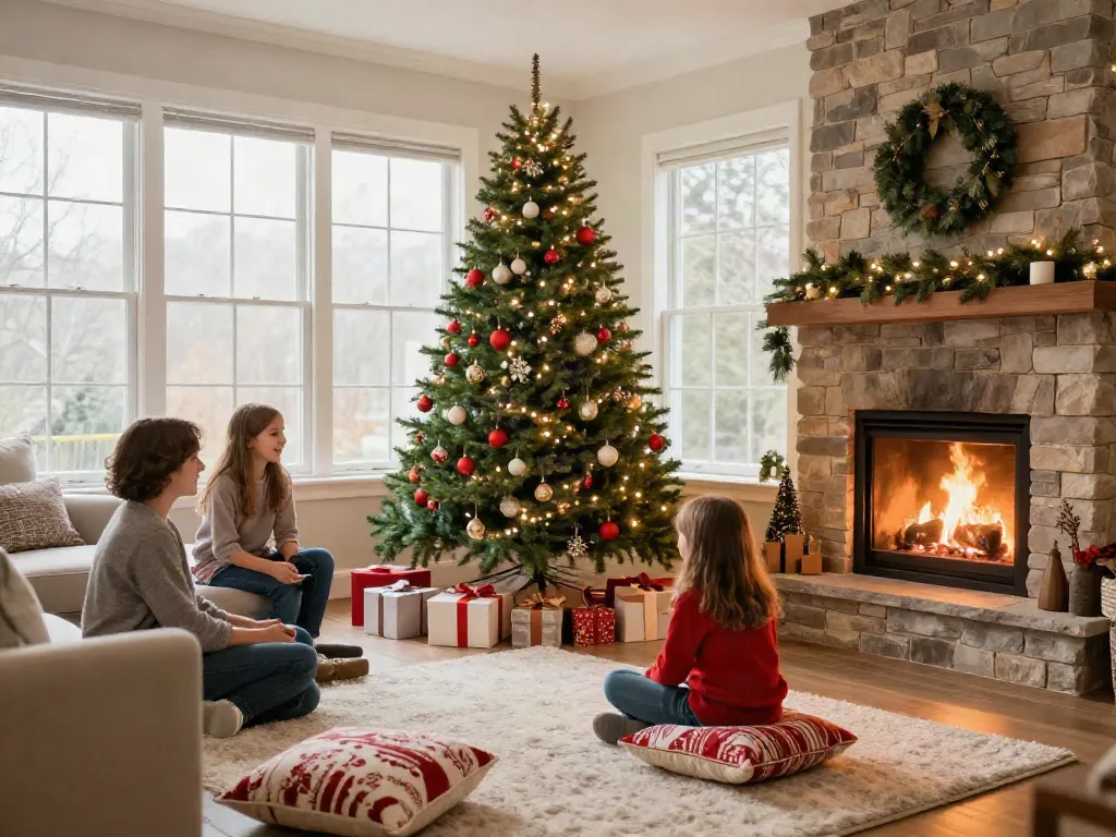 Family celebrating around a beautifully decorated skinny Christmas tree in a cozy living room.
