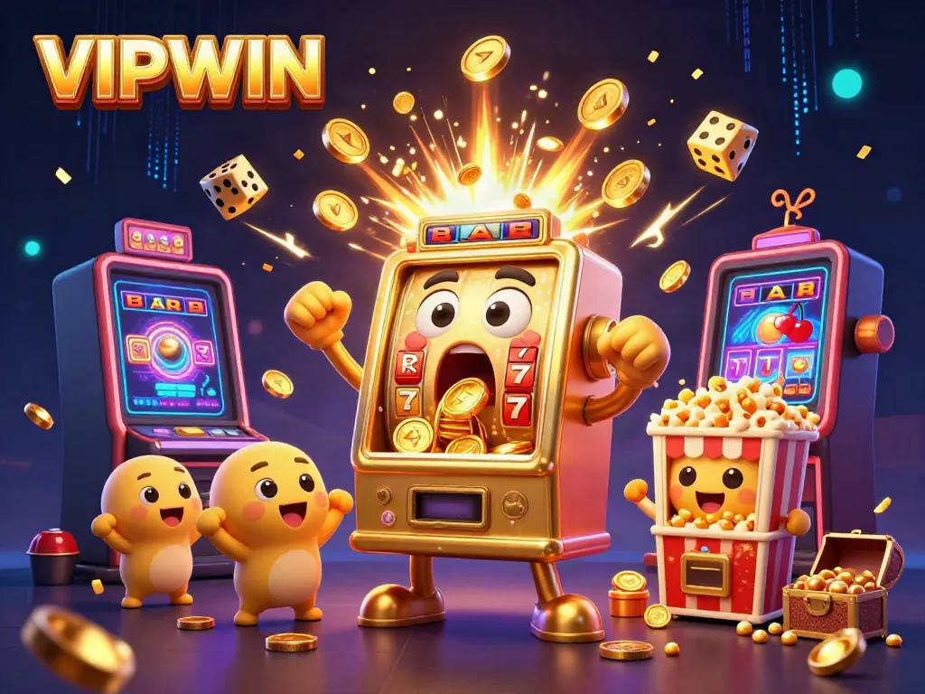 Experience the excitement of VIPWIN with a jubilant golden slot machine and baby slot machines celebrating jackpot wins.