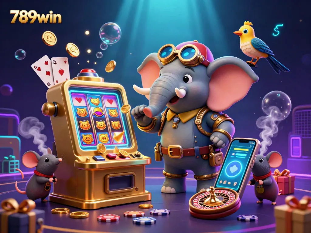 Experience the excitement of 789win with a steampunk elephant operating a golden slot machine amidst vibrant casino elements.