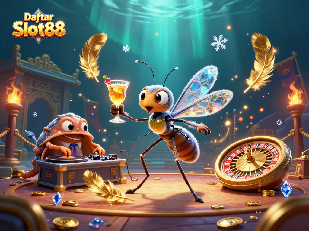 Engage with Daftar Slot88's thrilling casino experience illustrated by dynamic 3D characters and vibrant elements.