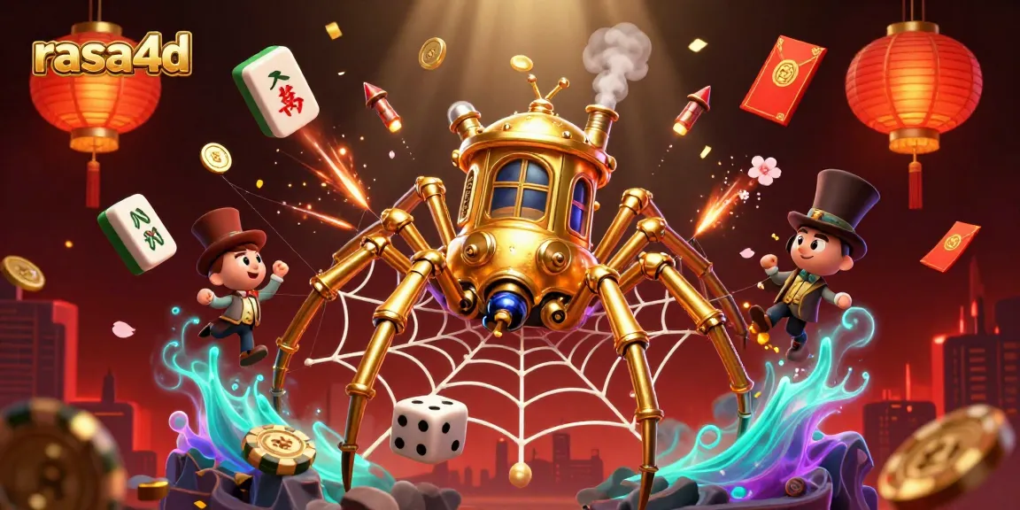 Rasa4d menghadirkan ilustrasi kasino 3D yang menampilkan laba-laba emas steampunk dan elemen perjudian yang ceria.