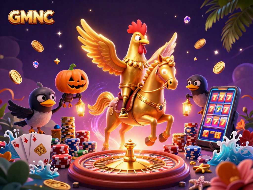 Experience the captivating GMNC scene with a golden rooster and casino elements in action.
