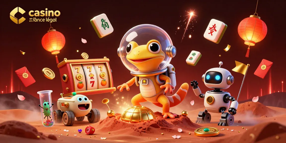 Illustration dynamique représentant "casino en ligne france légal" avec un gecko Martien découvrant un casino doré sur Mars.