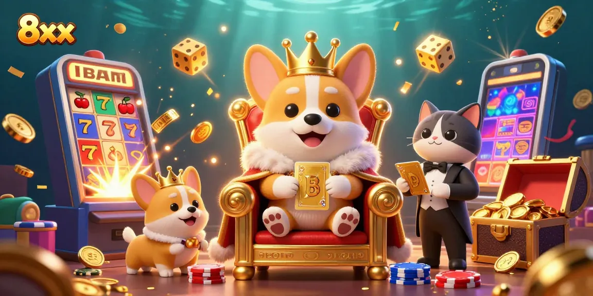 Spin the reels in playful style with 8xx-themed casino illustration featuring corgis and jackpot excitement.