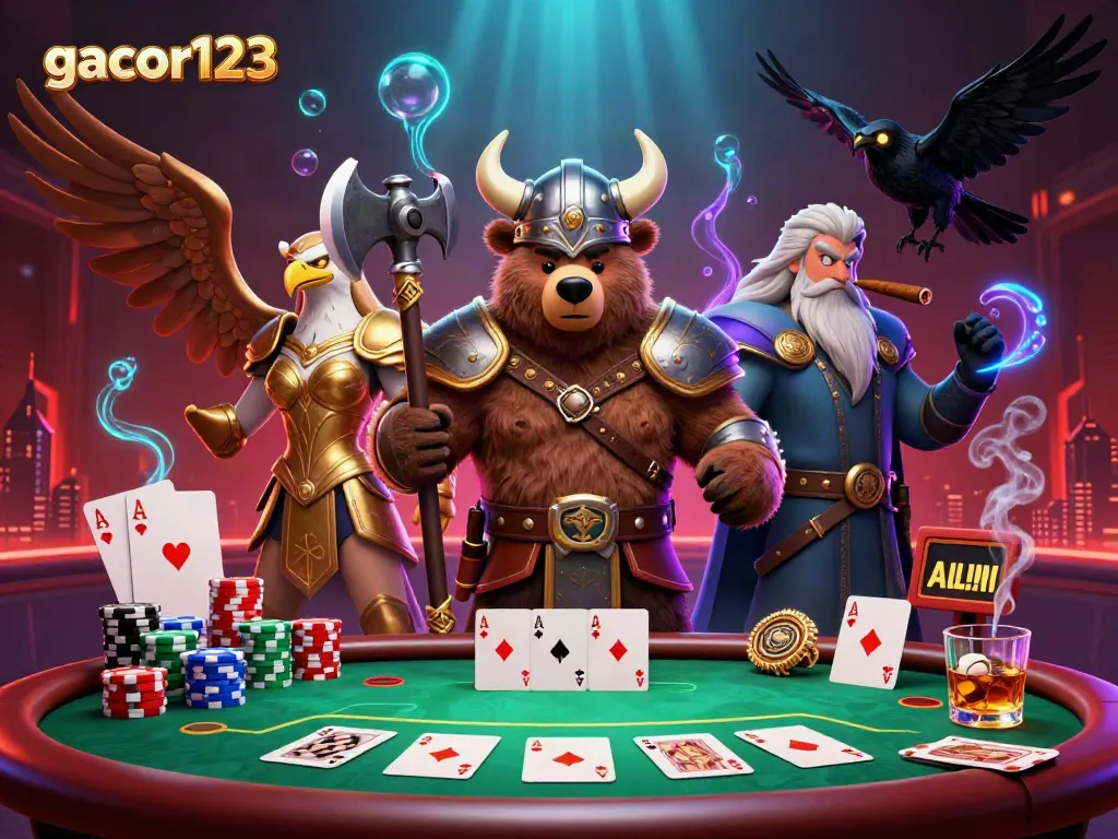 Engage with gacor123 as a Viking and Valkyrie in a rich casino setting filled with poker excitement.