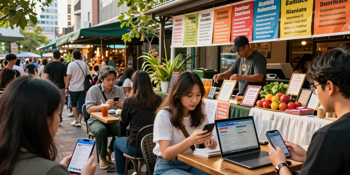 Engaging marketplace scene featuring users on BedPersonal browsing local classified ads while interacting in a vibrant urban setting.