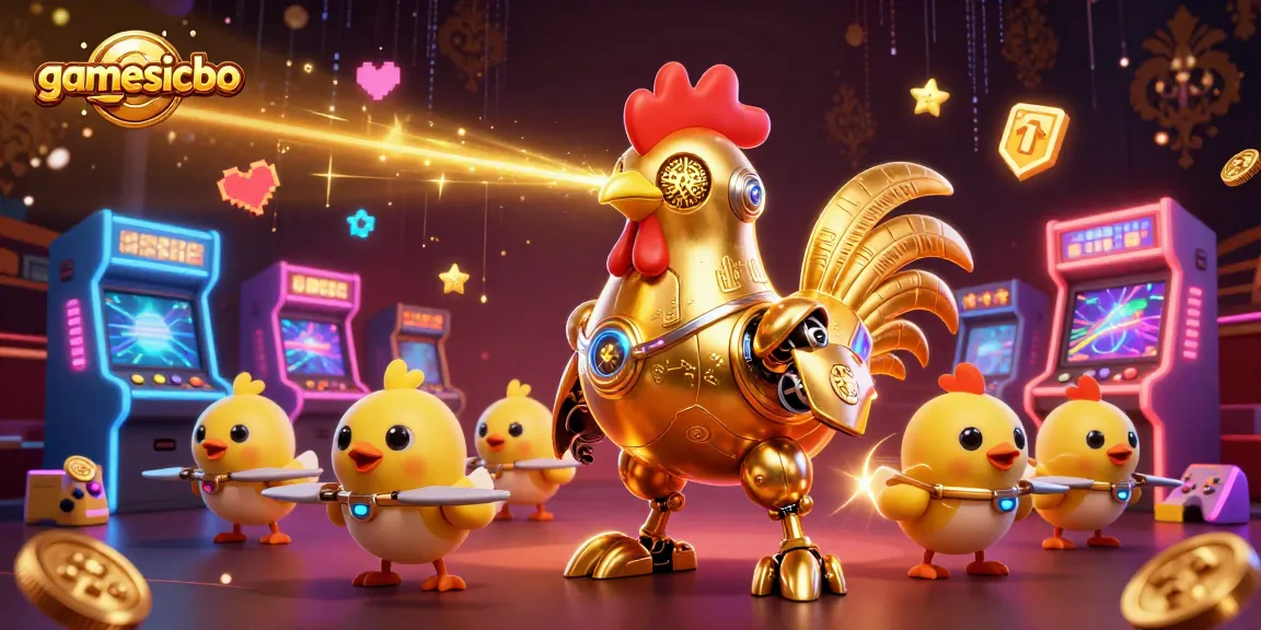 Engage with gamesicbo: a vibrant 3D cartoon illustration showcasing a golden rooster robot in an arcade casino.