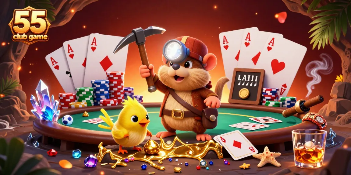 Experience the thrill of the 55 club game with a glowing mole and poker excitement in this vibrant illustration.