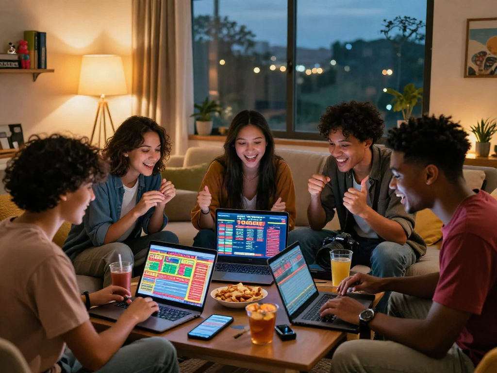 Friends enjoying togel online betting in a cozy living room, engaging with laptops and snacks.
