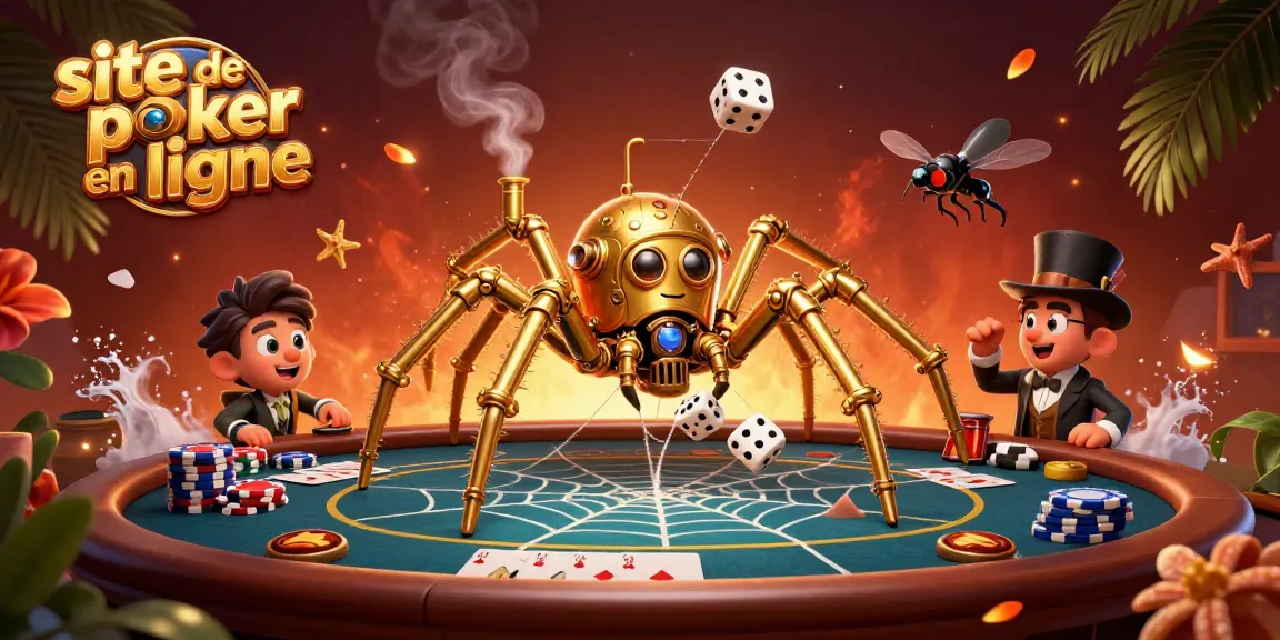 Jouez sur un site de poker en ligne animé par une araignée dorée et des éléments de jeu immersifs.
