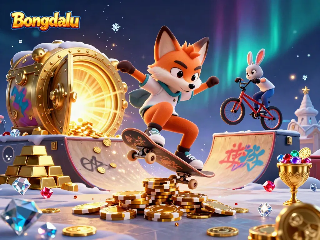 Bongdalu captures thrilling moments of a fox and rabbit performing tricks above poker chips and treasure, celebrating sports betting.