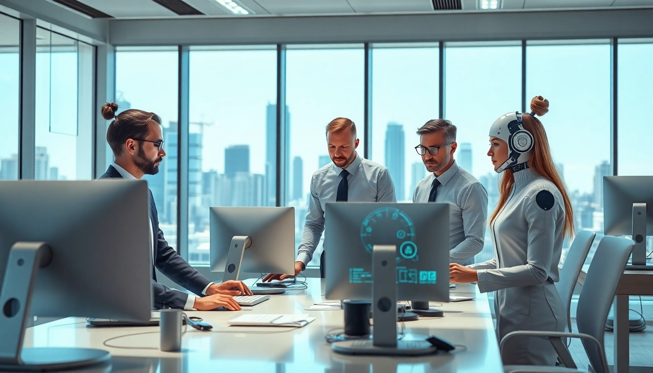 AI agents facilitating collaboration in a modern office environment with advanced technology.